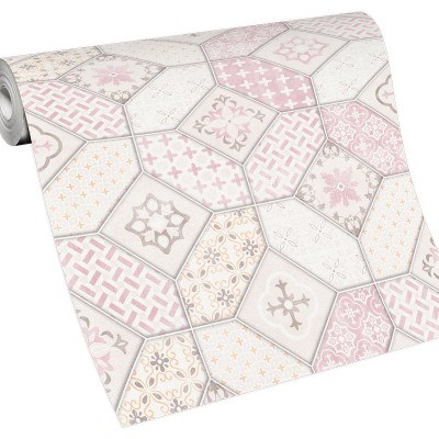 Papel pintado AZULEJOS HIDRÁULICO ROSA Y NARANJA Papel pintado AZULEJOS HIDRÁULICO ROSA Y NARANJA