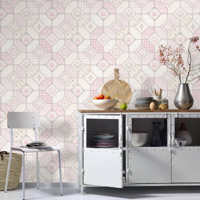 Papel pintado AZULEJOS HIDRÁULICO ROSA Y NARANJA 2