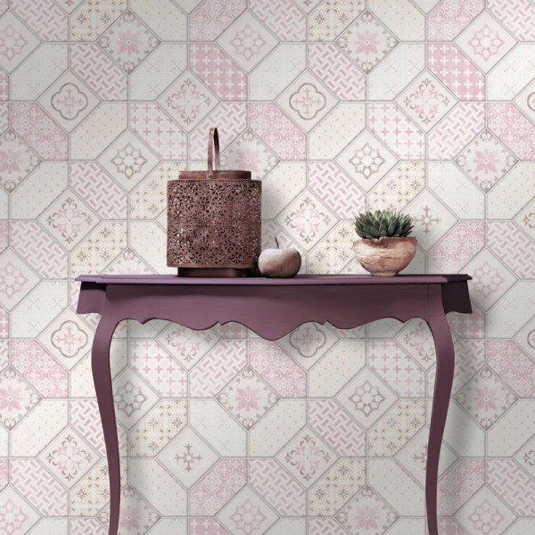 Papel pintado AZULEJOS HIDRÁULICO ROSA Y NARANJA Papel pintado AZULEJOS HIDRÁULICO ROSA Y NARANJA