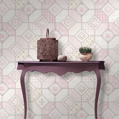 Papel de parede AZULEJOS HIDRAULICO ROSA E LARANJA
