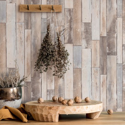 Papel Pintado LISTONES MADERA VINTAGE BEIGE Y GRIS