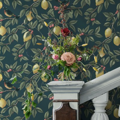 Papel pintado PÁJAROS ENTRE LIMONEROS AZUL VERDE TEAL TM91891 2