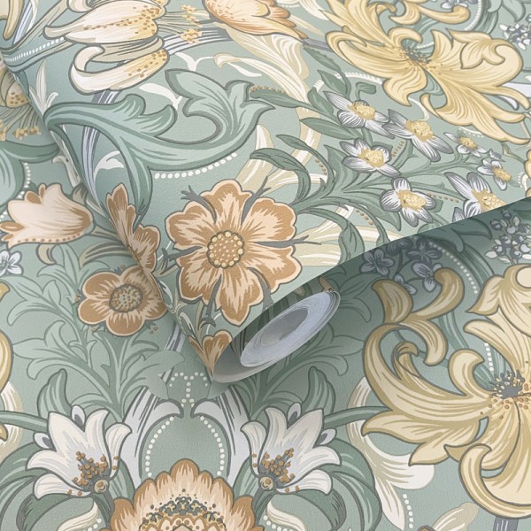 Papel de parede DAMASCO FLORAL INGLÊS LARANJA E VÉRDE AGUA TM91904