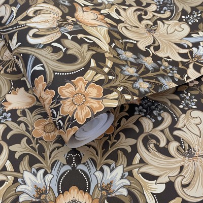 Papel pintado FLORAL DAMASCO INGLÉS NEGRO Y NARANJA TM91900