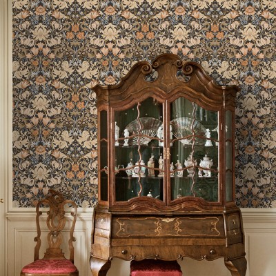 Papel de parede DAMASCO FLORAL INGLÊS PRETO E LARANJA TM91900