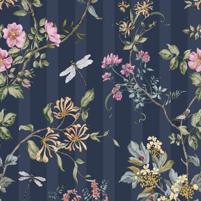 Papel de parede FLORA COM RISCAS AZUL MARINHO TM91933 Papel de parede FLORA COM RISCAS AZUL MARINHO TM91933