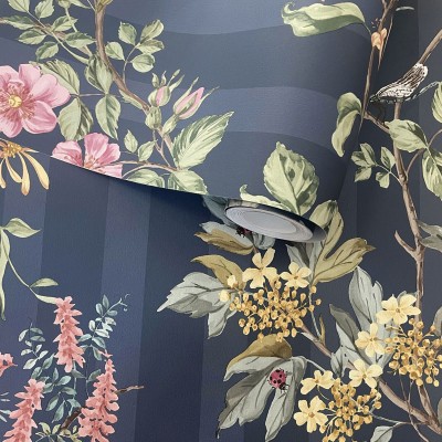 Papel de parede FLORA COM RISCAS AZUL MARINHO TM91933 Papel de parede FLORA COM RISCAS AZUL MARINHO TM91933