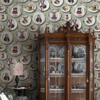 Papel de parede LOUÇA VINTAGE COM ANIMAIS VERDE TM91962 2