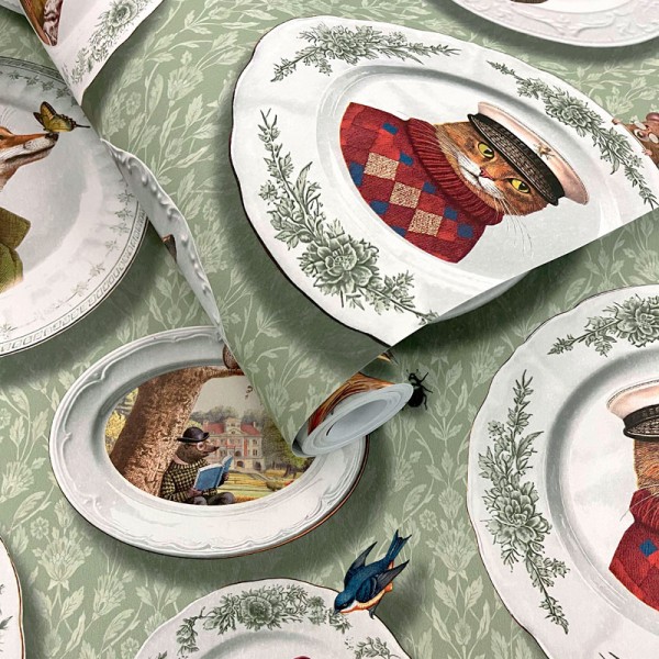 Paper pintat VAIXELLA VINTAGE AMB ANIMALS VERD TM91962 Paper pintat VAIXELLA VINTAGE AMB ANIMALS VERD TM91962