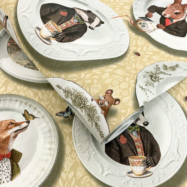 Papel pintado VAJILLA VINTAGE CON ANIMALES OCRE TM91960