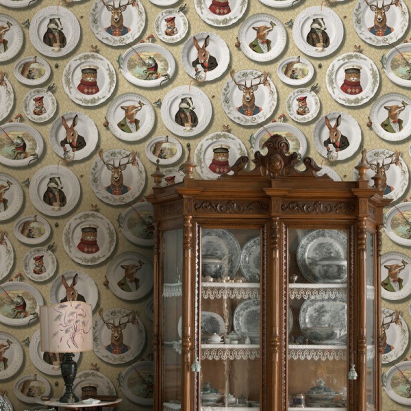 Papel de parede LOUÇA VINTAGE COM ANIMAIS OCRE TM91960