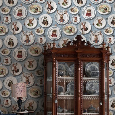 Papel de parede LOUÇA VINTAGE COM ANIMAIS AZUL TM91961 2