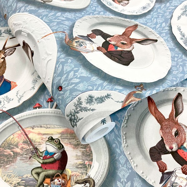 Papel pintado VAJILLA VINTAGE CON ANIMALES AZUL TM91961