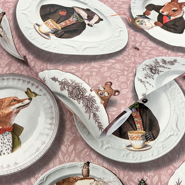 Papel de parede LOUÇA VINTAGE COM ANIMAIS ROSA TM91963 Papel de parede LOUÇA VINTAGE COM ANIMAIS ROSA TM91963