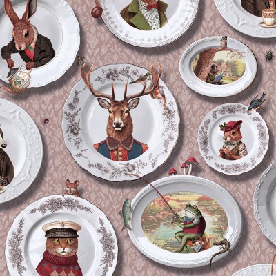 Papel de parede LOUÇA VINTAGE COM ANIMAIS ROSA TM91963 Papel de parede LOUÇA VINTAGE COM ANIMAIS ROSA TM91963