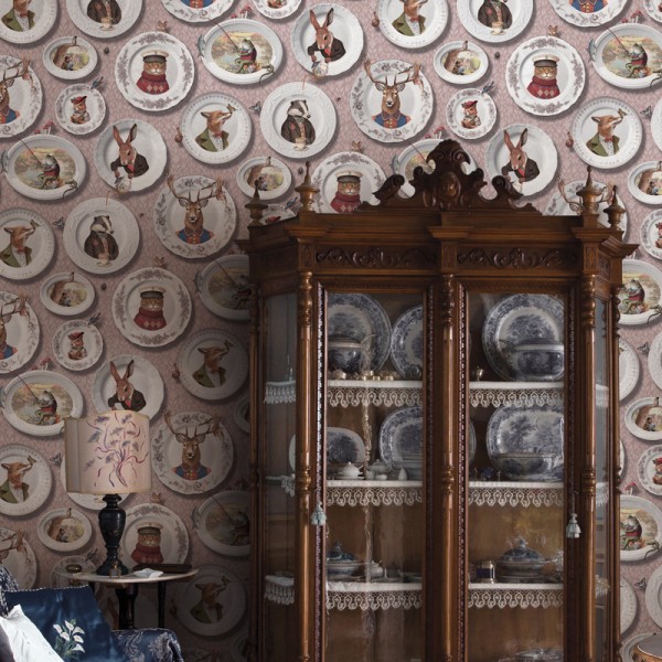 Papel de parede LOUÇA VINTAGE COM ANIMAIS ROSA TM91963 Papel de parede LOUÇA VINTAGE COM ANIMAIS ROSA TM91963