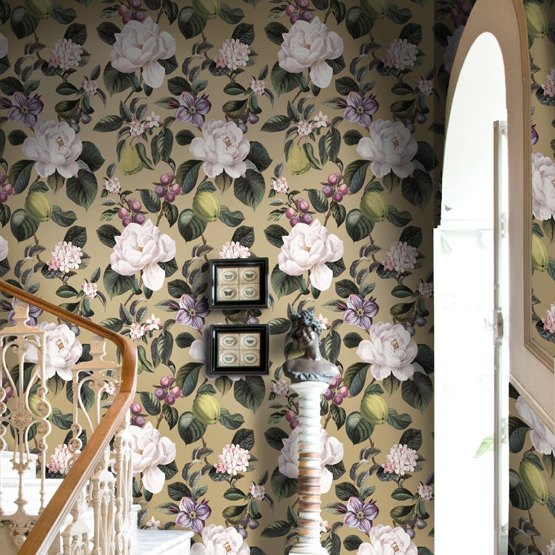 Papel pintado floral dorado