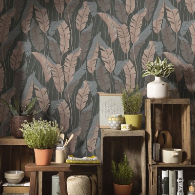 Papel de parede FOLHAS PALMA COBRE E PRETO 10344-47 2