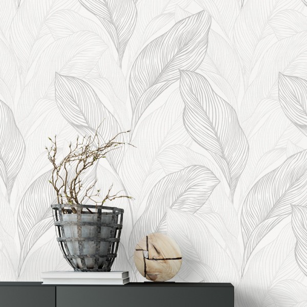 Papel de parede PALMA PRATEADO E BRANCO 10282-31