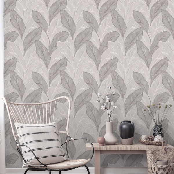 Papel pintado PALMA PLATEADO Y GRIS 10282-38