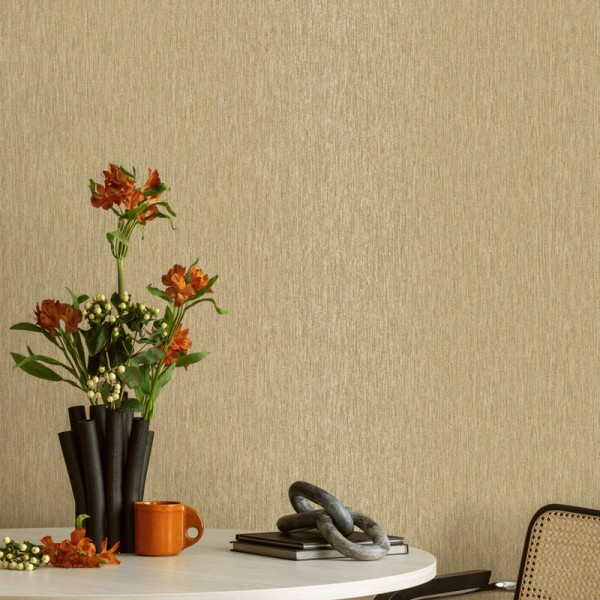 Papel pintado EFECTO LINO RÚSTICO BEIGE Y DORADO TE66140