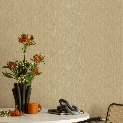 Papel pintado EFECTO LINO RÚSTICO BEIGE Y DORADO TE66140