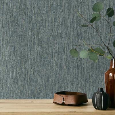 Papel pintado EFECTO LINO AZUL Y DORADO TE66141
