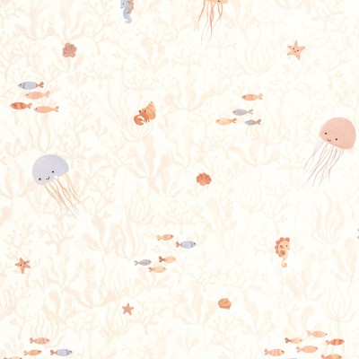 Papel pintado INFANTIL MARINO CON ALGAS Y ANIMALES SALMÓN Y ROJO OUTD_20081_43_23