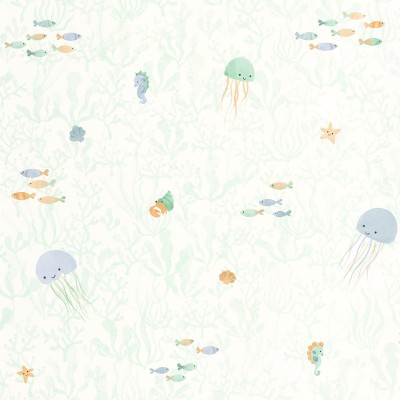 Papel pintado INFANTIL MARINO CON ALGAS Y ANIMALES VERDE AGUA OUTD_20081_67_67