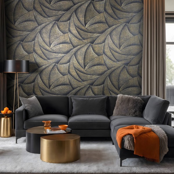 Papel de parede ESPIRAL 3D PRETO E DOURADO 35506