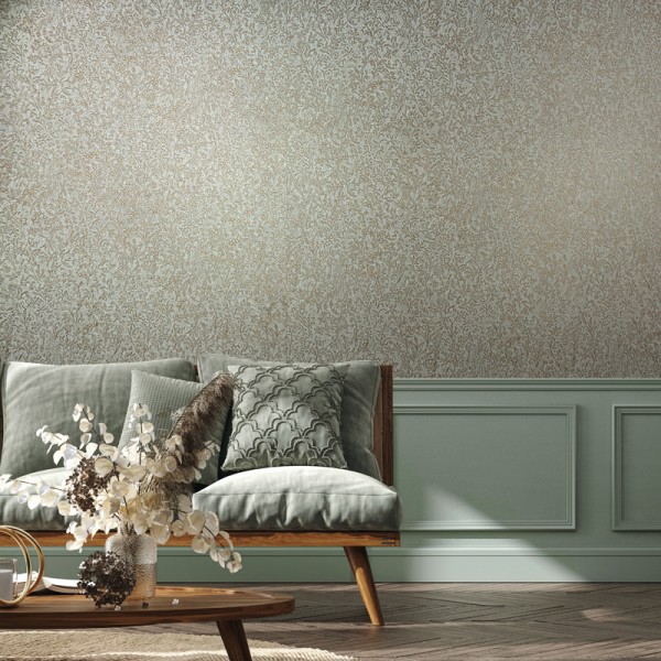 Papel pintado CON RELIEVE FLORAL VERDE Y DORADO 35532