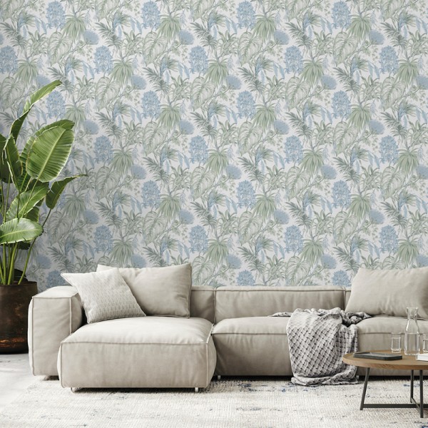 Paper pintat PLANTES TROPICALS BLAU I VERD 482-2 Paper pintat PLANTES TROPICALS BLAU I VERD 482-2