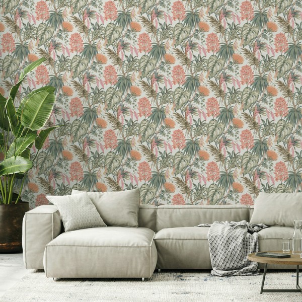 Papel pintado PLANTAS TROPICALES VERDE Y NARANJA 482-3 Papel pintado PLANTAS TROPICALES VERDE Y NARANJA 482-3