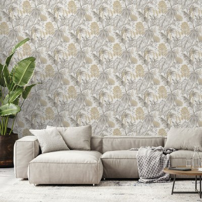 Papel de parede PLANTAS TROPICAIS BEGE E CINZA 482-1 2