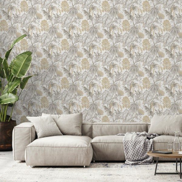 Papel pintado PLANTAS TROPICALES BEIGE Y GRIS 482-1 Papel pintado PLANTAS TROPICALES BEIGE Y GRIS 482-1