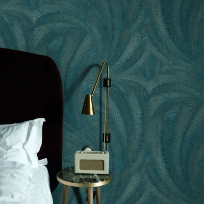 Papel pintado PLUMAS TURQUESA OSCURO Y DORADO EC1047619