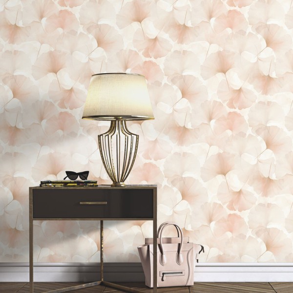Papel pintado HOJAS GINKGO ROSA CORAL EC1047005