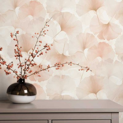 Papel pintado HOJAS GINKGO ROSA CORAL EC1047005
