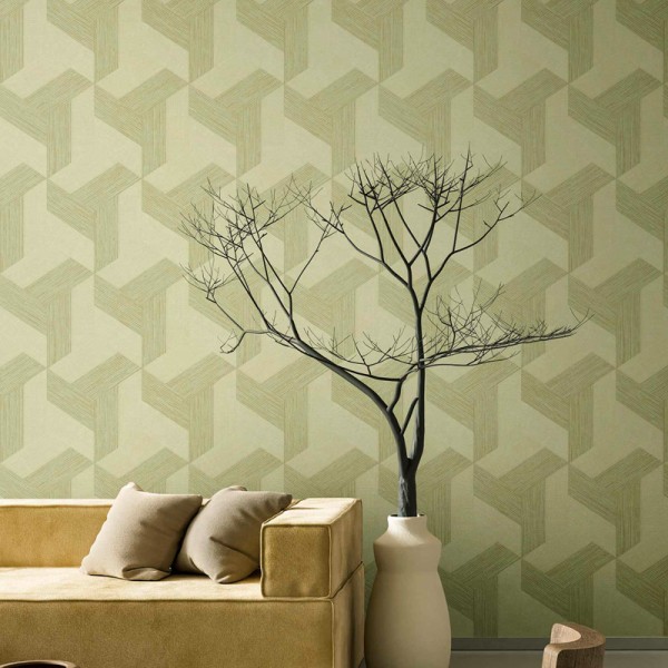 Papel pintado CUBOS 3D VERDE Y DORADO 27505