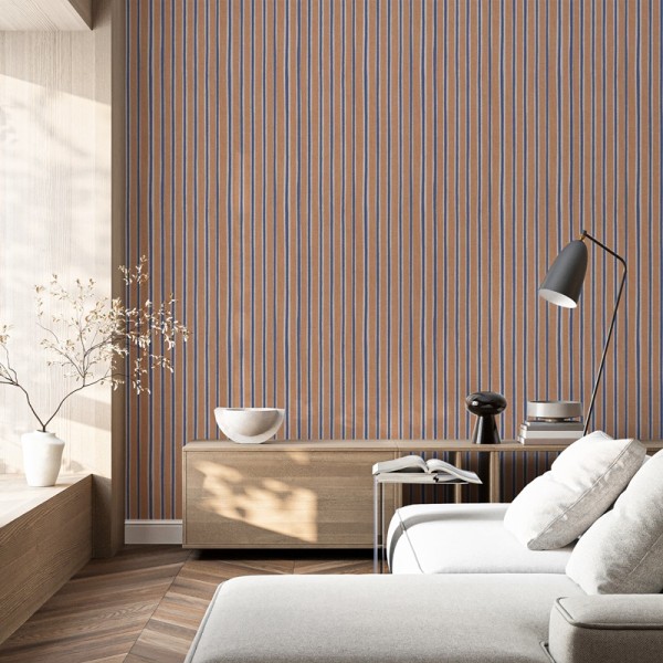 Papel pintado RAYAS IRREGULARES VINÍLICAS TERRACOTA Y AZUL 30138