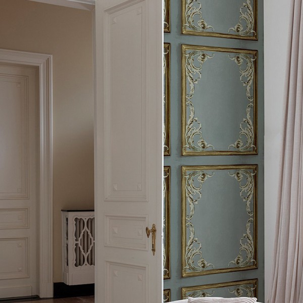 Papel pintado MOLDURAS CLÁSICAS DORADO Y AZUL GRISÁCEO AL_14636175