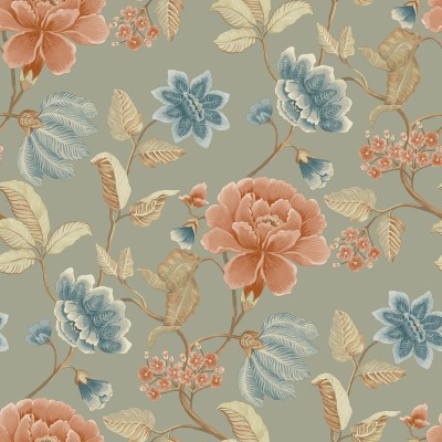Papel pintado FLOR MEDITERRÁNEA VERDE SALVIA Y NARANJA AL_14636186