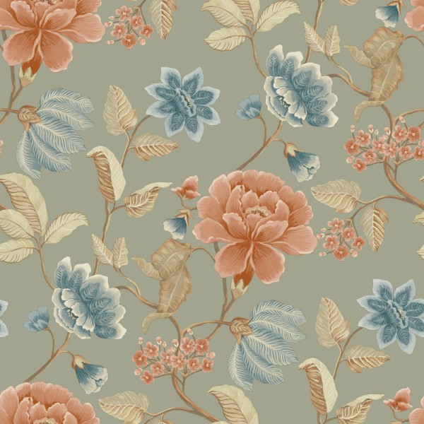 Papel de parede FLOR MEDITERRÂNEA VERDE SÁLVIA E LARANJA AL_14636186
