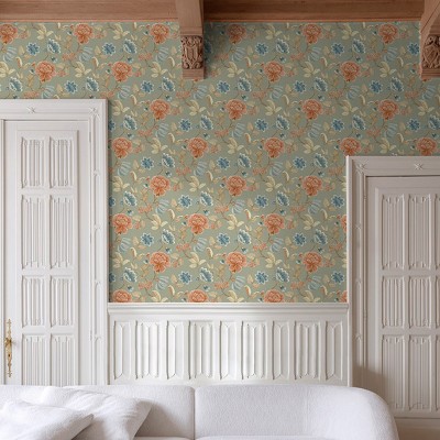 Papel pintado FLOR MEDITERRÁNEA VERDE SALVIA Y NARANJA AL_14636186