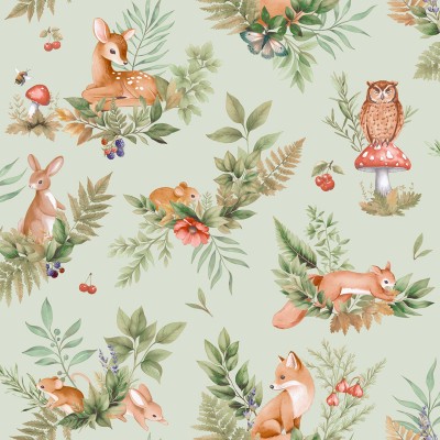 Papel de parede INFANTIL ANIMAIS DA FLORESTA VERDE 14121
