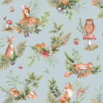 Papel de parede INFANTIL ANIMAIS DA FLORESTA AZUL 14120