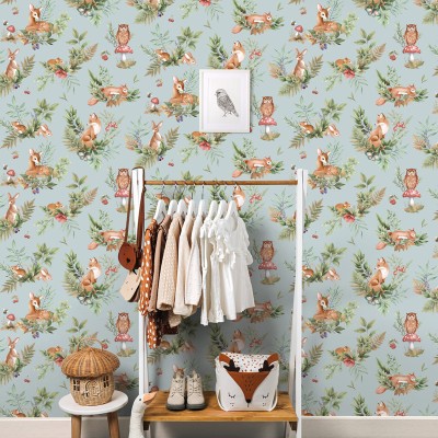 Papel de parede INFANTIL ANIMAIS DA FLORESTA AZUL 14120