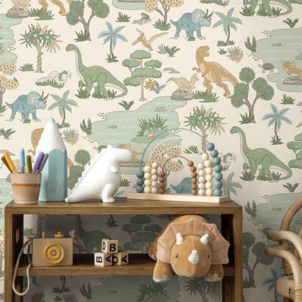 Papel de parede DINOSSAUROS TERRACOTA E VERDE 14012