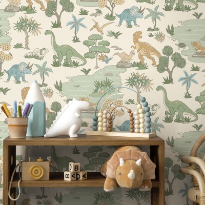 Papel de parede DINOSSAUROS TERRACOTA E VERDE 14012