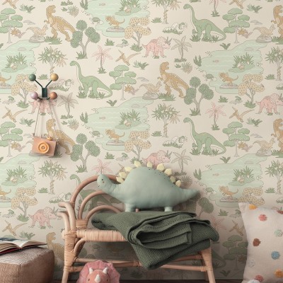 Papel de parede DINOSSAUROS ROSA E VERDE 14013